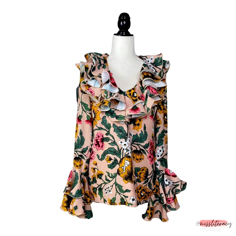 ✨HP✨C/MEO Women’s Ultra Exaggerated Ruffle Flounce Floral V-Neck Blouse [Size S]